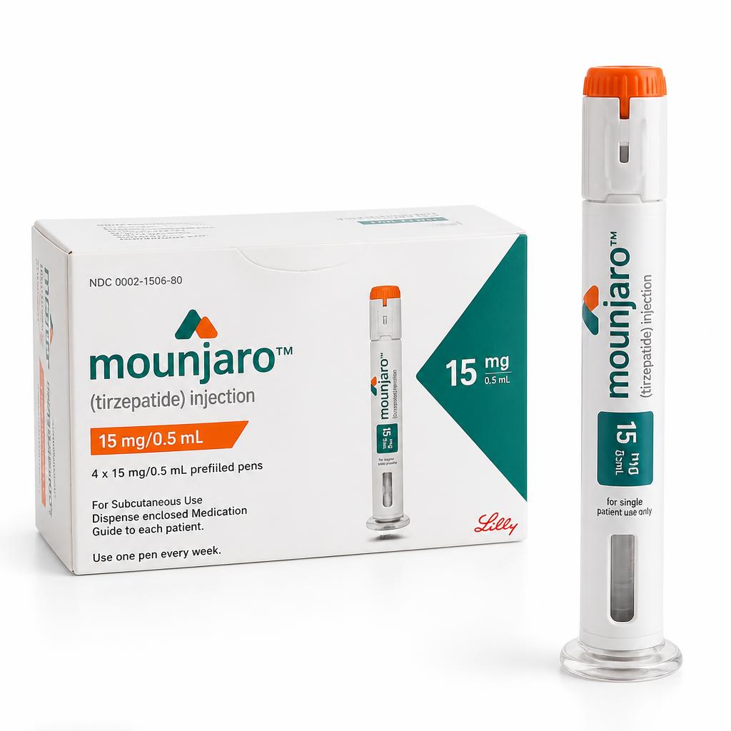 Caneta Mounjaro (tirzepatida) com a caixa do medicamento